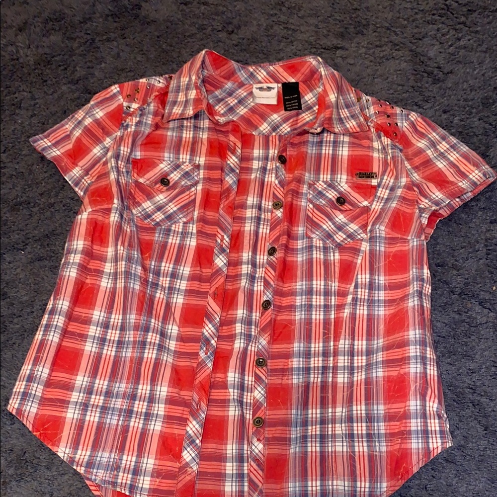 Harley-Davidson Red and Blue Button Down Shirt